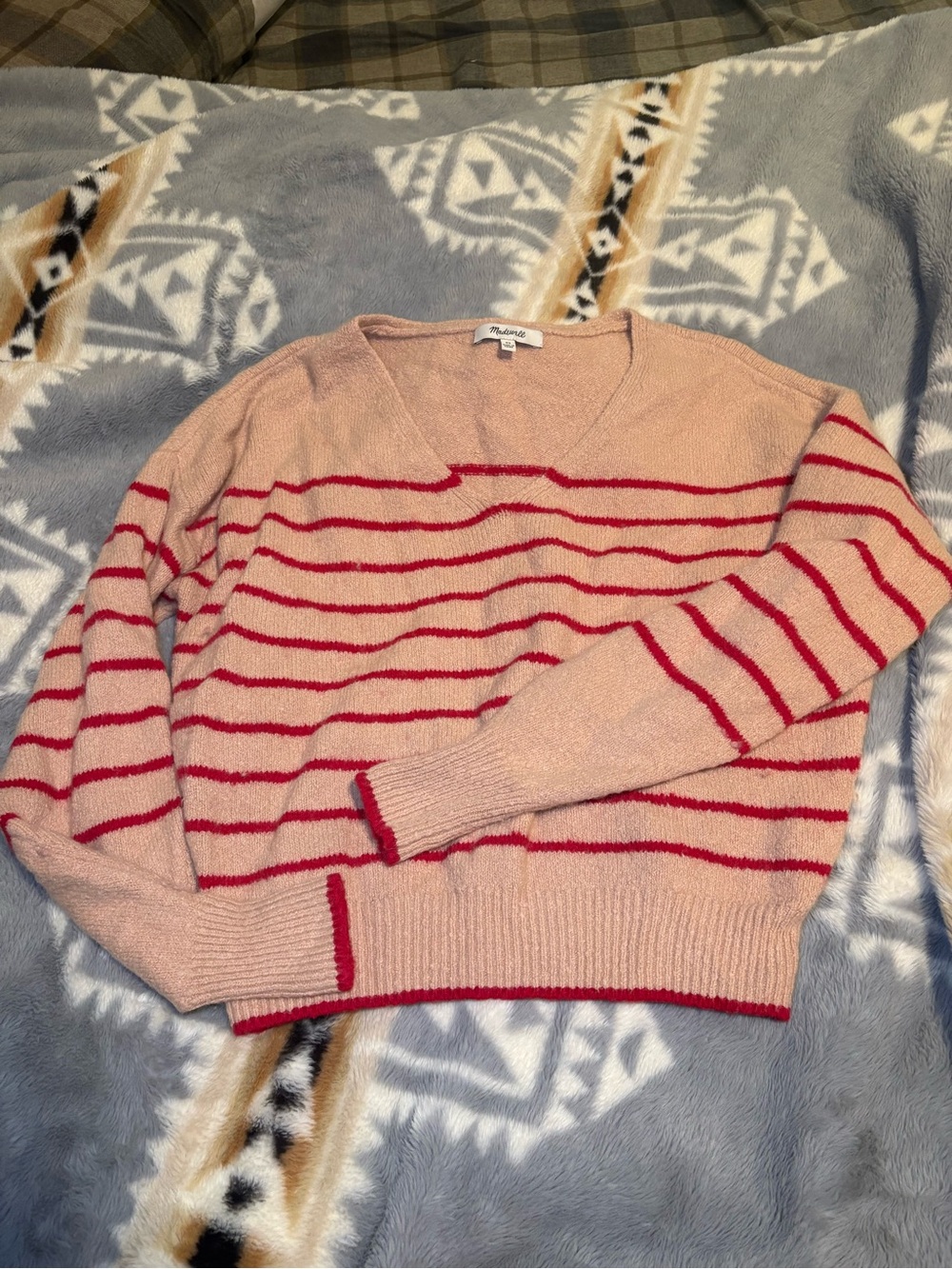 Madewell Blush Pink V-Neck Sweater with Red Stripes